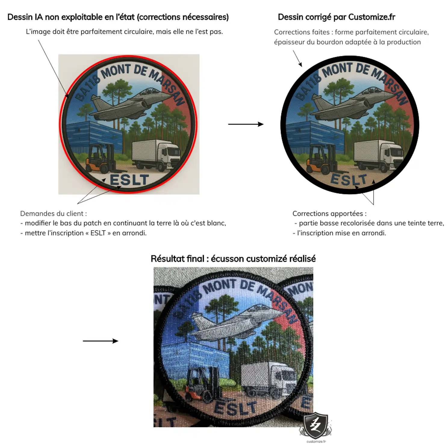 Customize.fr - Les visuels générés par IA pour réaliser un écusson 100% brodé et sublimé